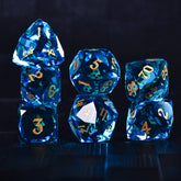 Faceted Blue Glass Dice Set – Handcrafted K9 Crystal RPG Dice with Golden Engravings for Dungeons & Dragons & Collectors